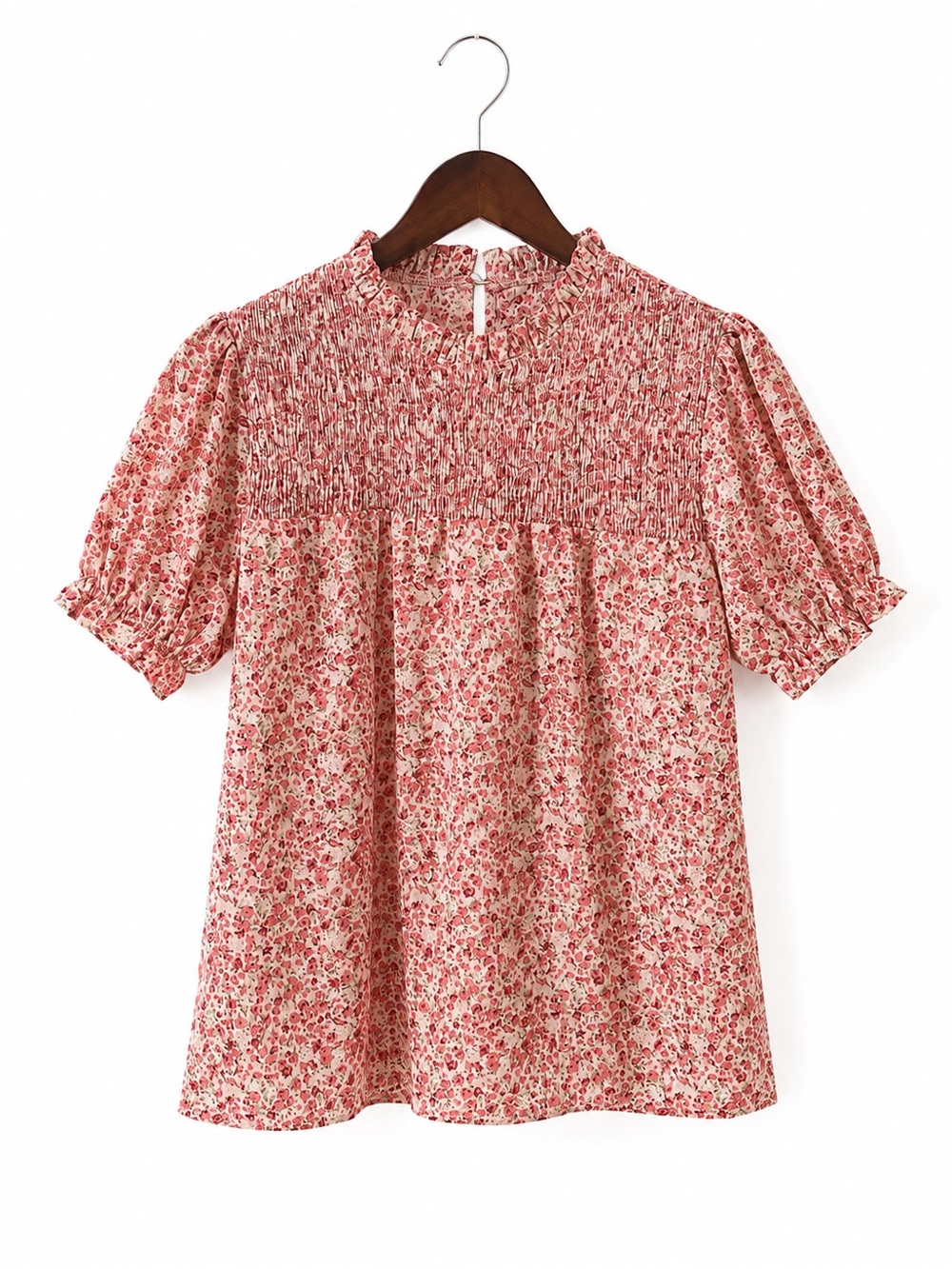 Smocked Floral Puff Sleeve Blouse - Pink